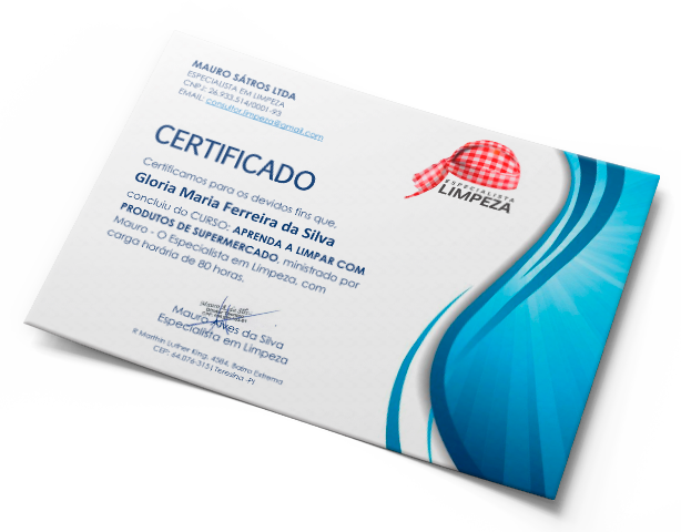 Certificado do curso de limpeza com produtos de supermercado